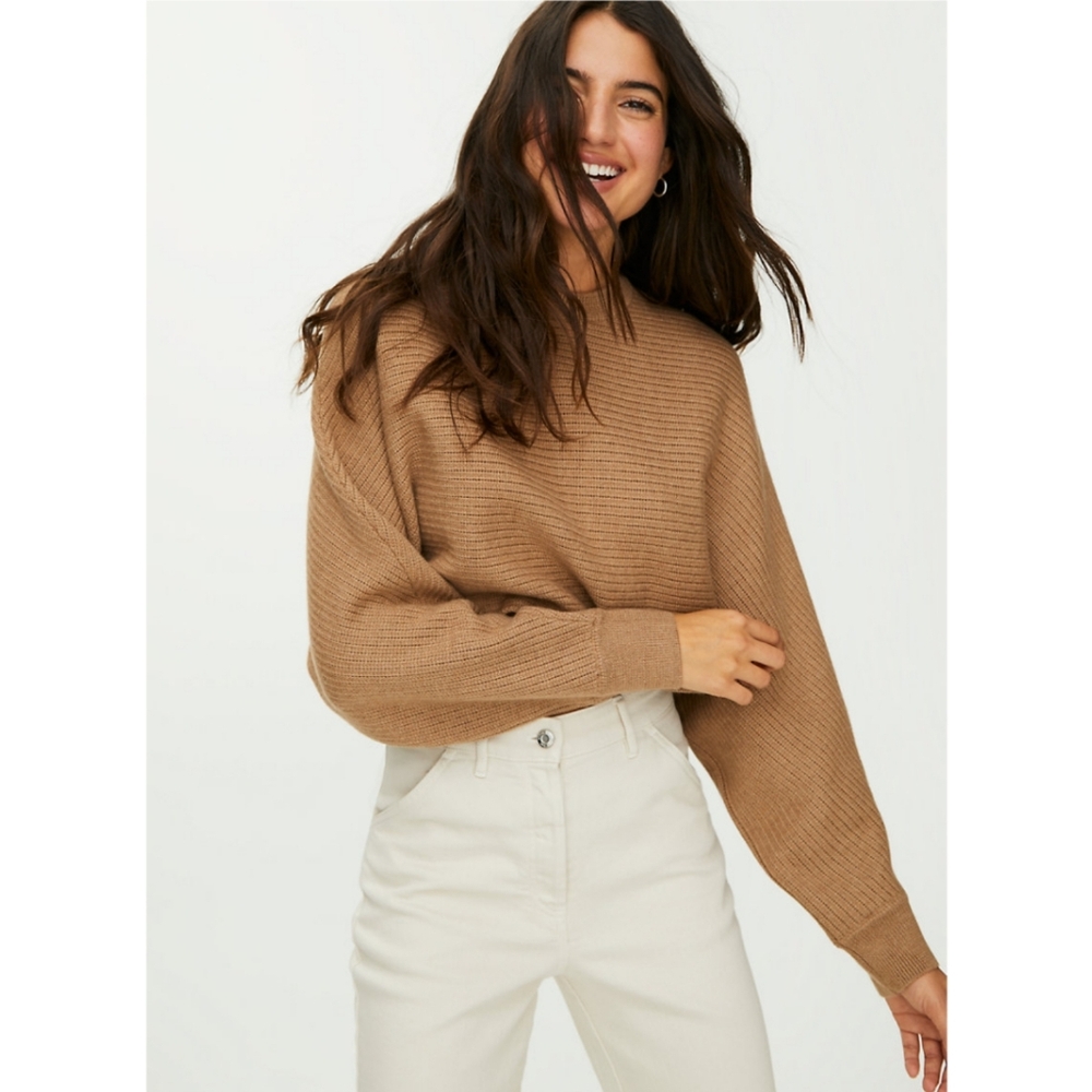 Wilfred Free Aritzia Lolan Cropped Sweater 100% Merino Wool Tan Womens Small